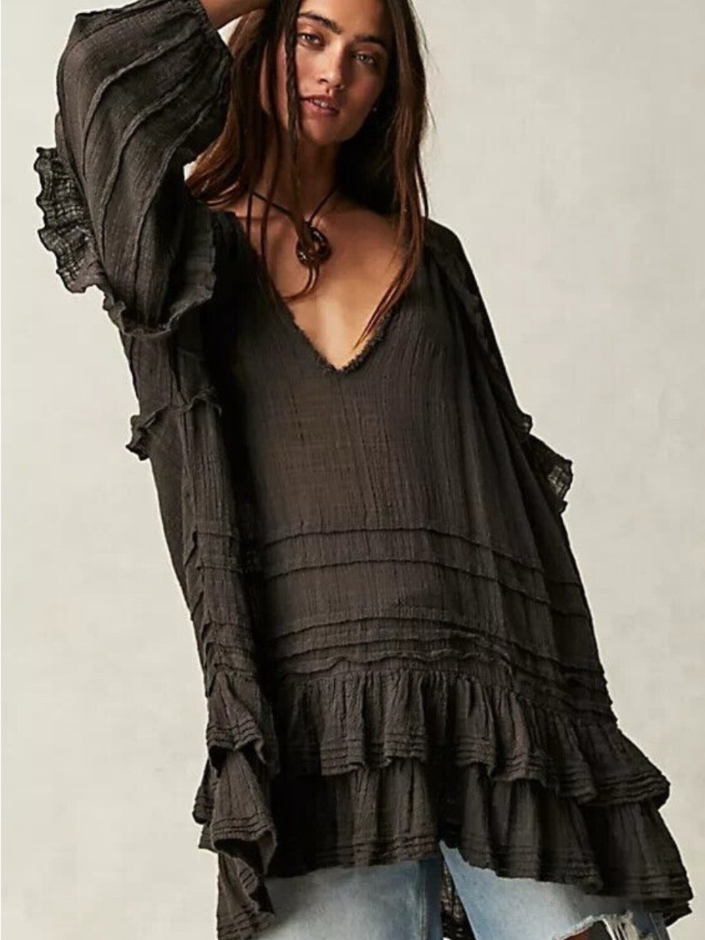 Free People One NWT Tamasi Tunic Oversized Boho Beachy Gray Womens XS
